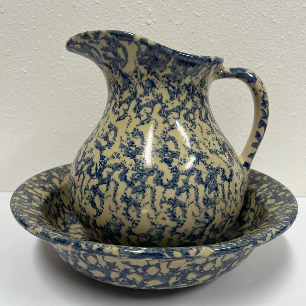 Vintage Roseville Ransbottom Blue Spongeware Pitcher and Bowl Basin Set USA Blue